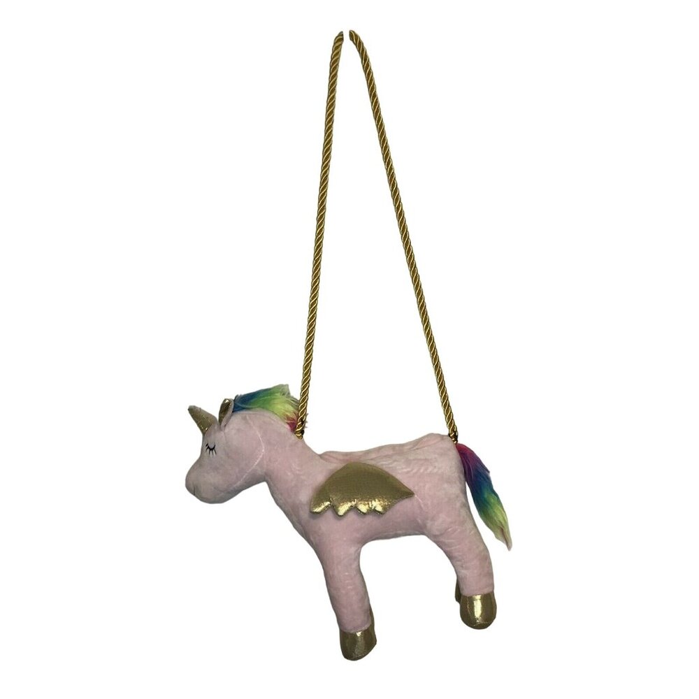 Unicorn Purse Shoulder Bag Plush Pink w/Rainbow Hair Gold Braided Rope Strap ZIp
